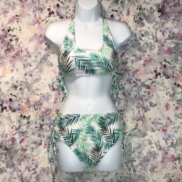 Tropical Leaf Side Tie High Waist Bikini Set - Picture 2 of 8
